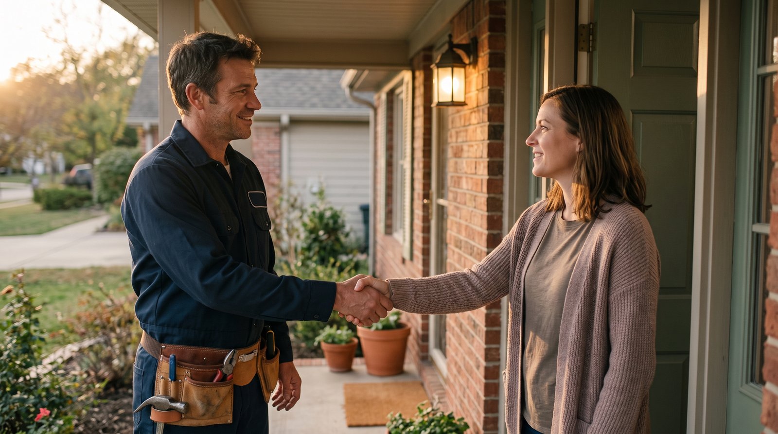 A local tradesperson shaking hands with a happy homeowner client at the front door