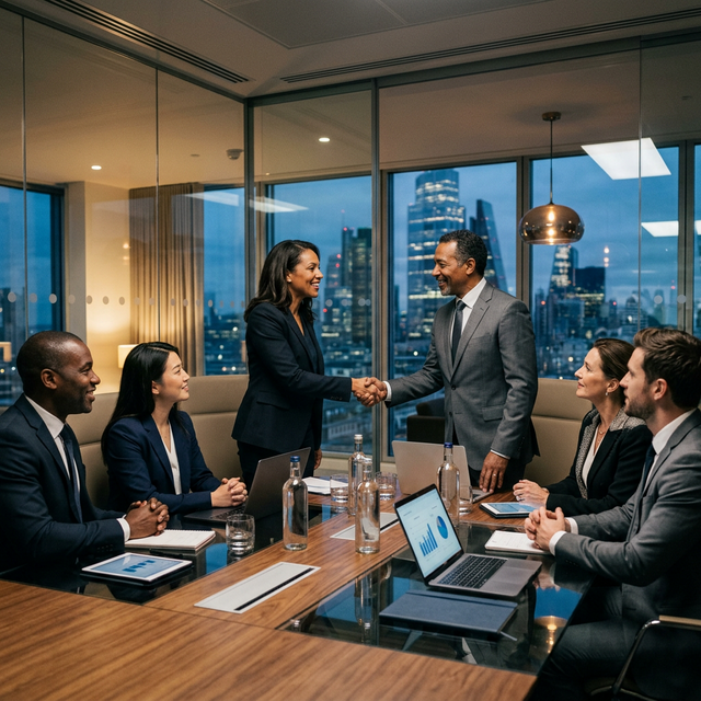 Diverse team of professional executives in a market leadership meeting